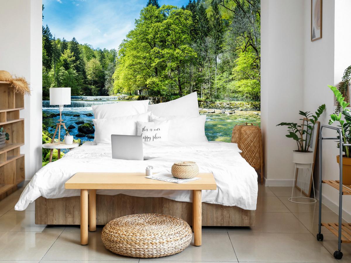 FOTOTAPETE für Wohnzimmer Landschaft Steinerne Fluss Wald Bäum 100x70 - Türkis/Blau, Papier (100/70cm) - Muralo