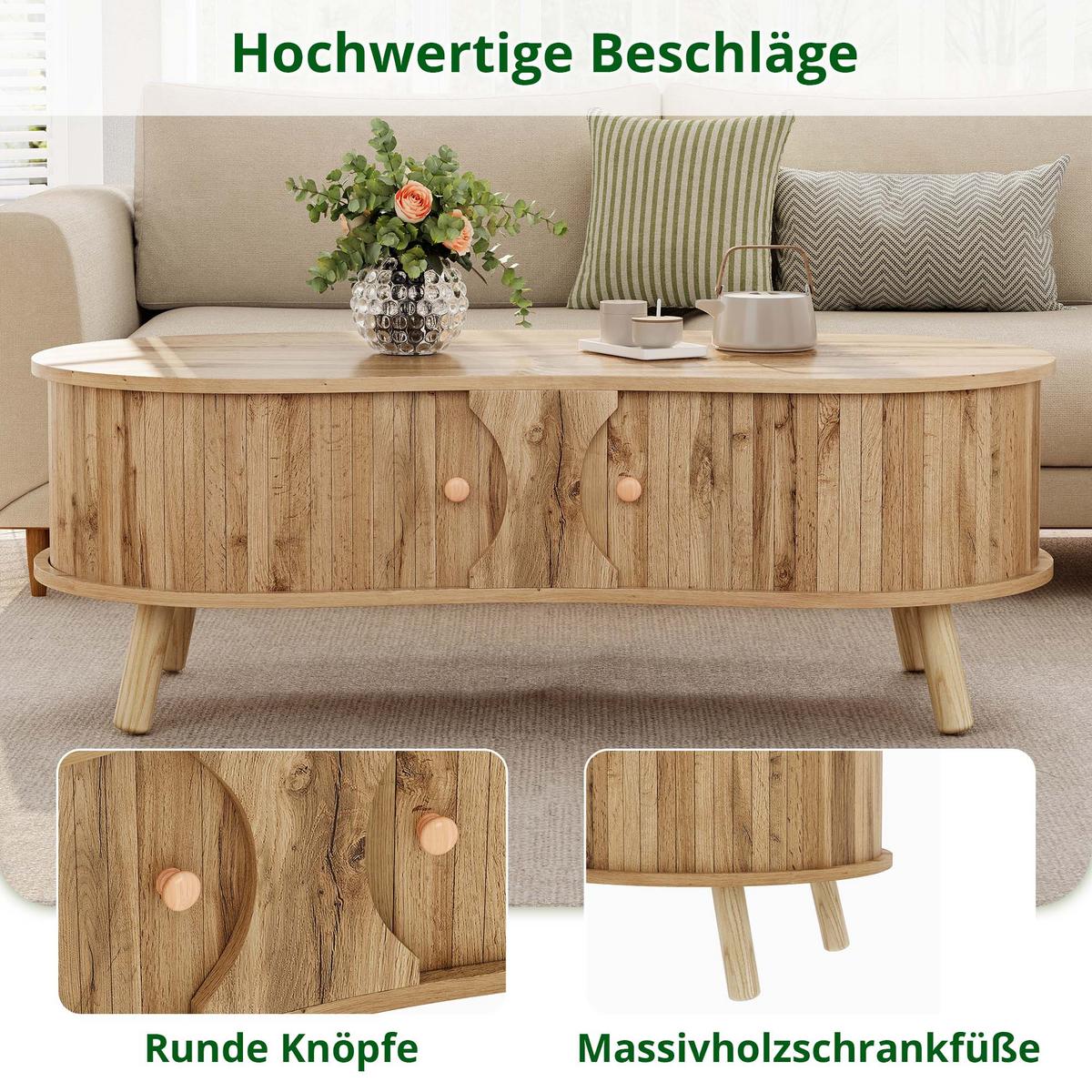 COUCHTISCH holzoptik & rillen-design erbsenform & schiebetüren - Naturfarben, Holzwerkstoff (50/108/37cm) - Urban Meuble
