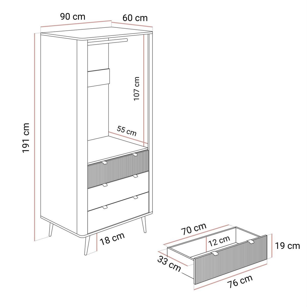 KLEIDERSCHRANK AUTUMN 2D3S zweitürig mit Schubladen, Kaschmir / Grauer Stein - Beige/Grau, Holzwerkstoff (90/191/40cm) - Lookway