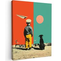 LEINWANDBILD Retro - Junge - Hund - Rot - Grün Wandbild Wohnzimmer 60x80 cm - Orange, Textil (60/80cm) - MuchoWow