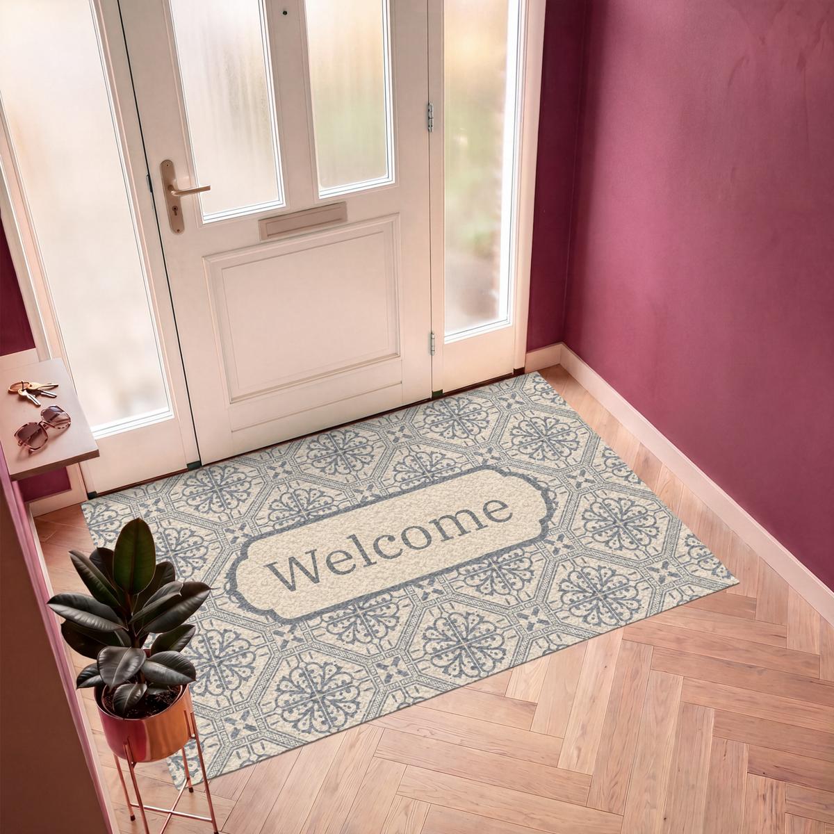 FUSSMATTE Willkommen - Klassisch - Grau Flurteppich 180x120 cm - Beige, Kunststoff (180/0.4cm) - MuchoWow