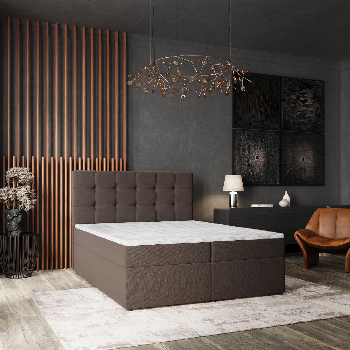 BOXBETT PALMA 160x200 cm mit Matratze und Topper, H2+H3 - Braun - Braun, Holz (160/200cm) - MASSENO