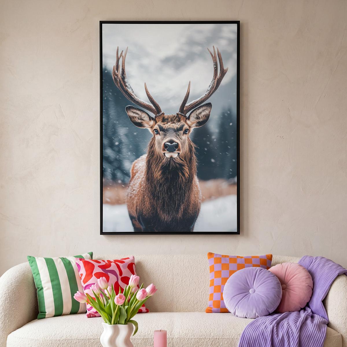 LEINWAND Bilder mit Rahmen - Hirsche - Tiere - Landschaft - Winter - Schnee - 80x120 - Kastanienfarben, Textil (80/120cm) - MuchoWow