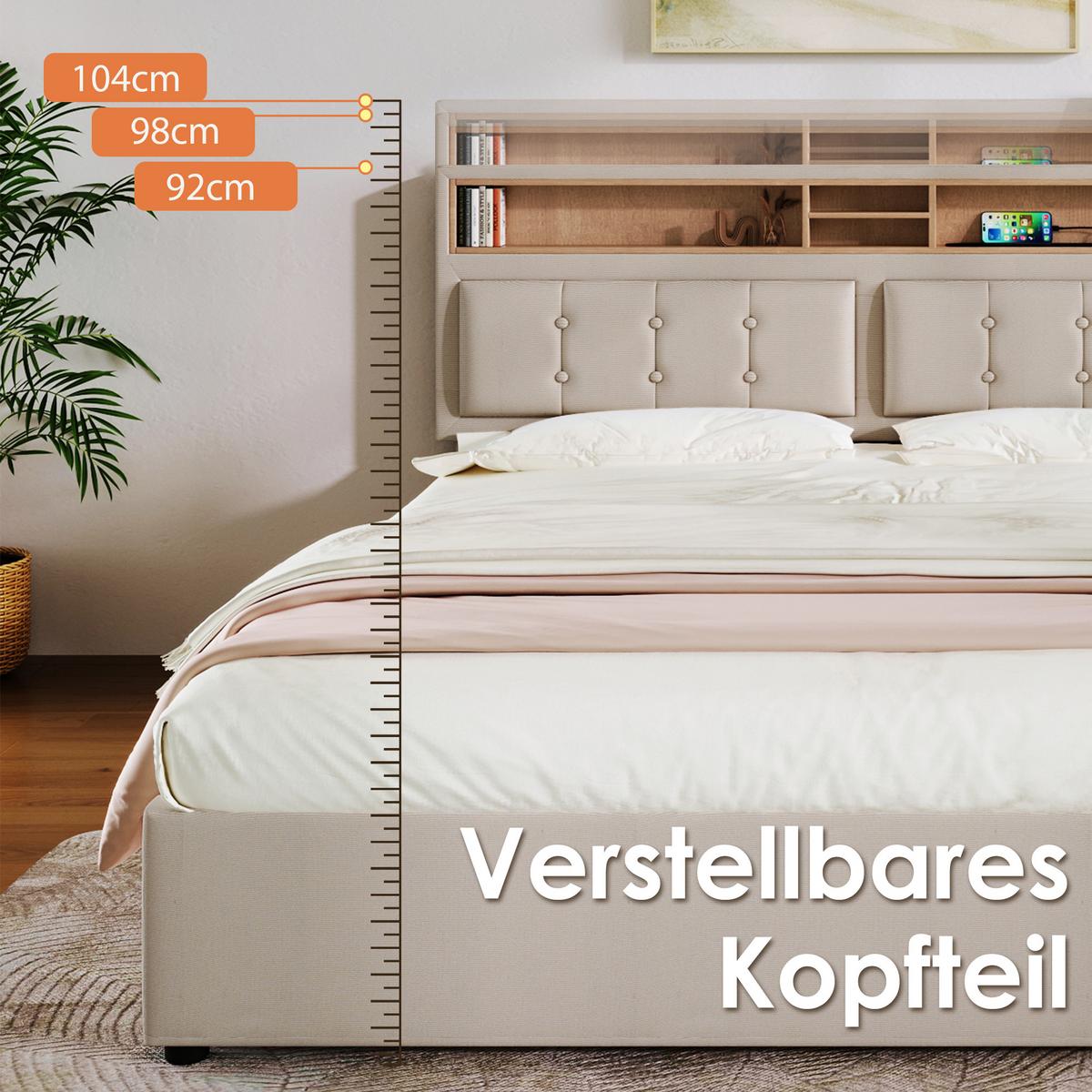 POLSTERBETT leinen-optik beige 140X200 mit 4 schubladen & integrierter ladestation - Eichefarben/Beige, Textil (140/200cm) - Urban Meuble