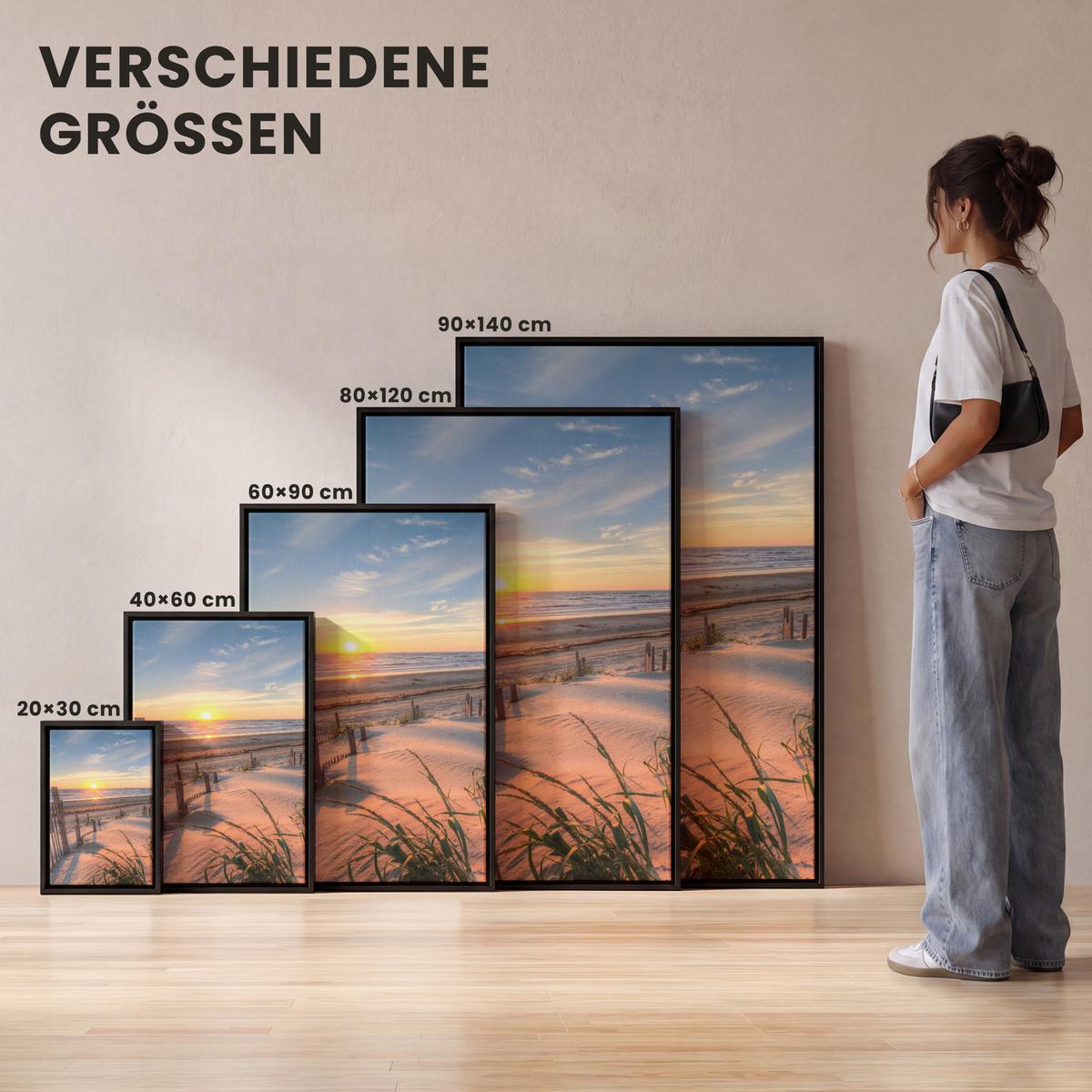 LEINWAND Bilder mit Rahmen - Strand - Meer - Düne - Sonnenuntergang - Landschaft - 90x140 - Beige, Textil (90/140cm) - MuchoWow