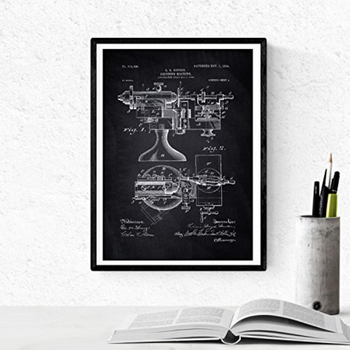POSTER Set mit 4 Schwarz Küche Patent A4 Schwarzer Rahmen - Schwarz, Papier (29.7/3cm) - Nacnic