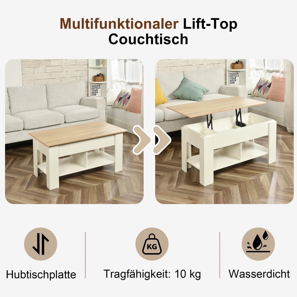 COUCHTISCH mit Lift-Top, Stauraum und Ablagefach, Weiß/Eiche - Goldfarben/Weiß, Holz (96/50/47cm) - Urban Meuble