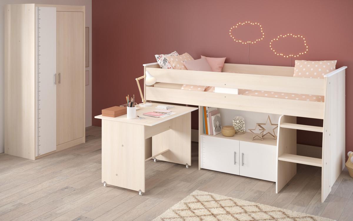 KINDERZIMMER Set mit Hochbett 90 x 200, Schreibtisch und Kleiderschrank - Silberfarben/Weiß, Holz/Holzwerkstoff (206/180/114cm) - Parisot Meuble