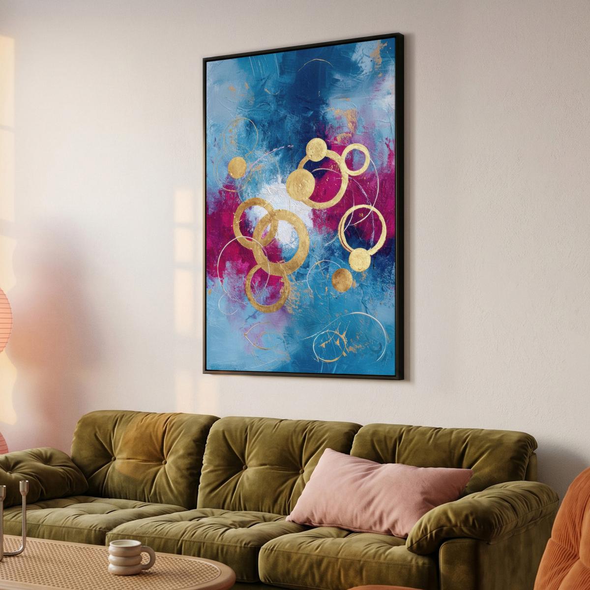 LEINWAND Bilder mit Rahmen - Kreise - Gold - Abstrakt - 90x140 - Blau, Textil (90/140cm) - MuchoWow