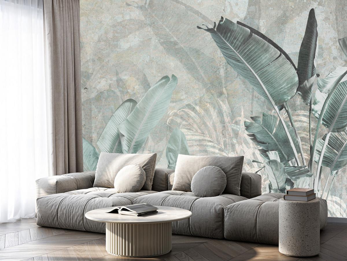 FOTOTAPETE für Küche Beton Bananenblätter Abstrakt Pflanzen Vintage 450x315 - Beige/Grau, Papier (450/315cm) - Muralo