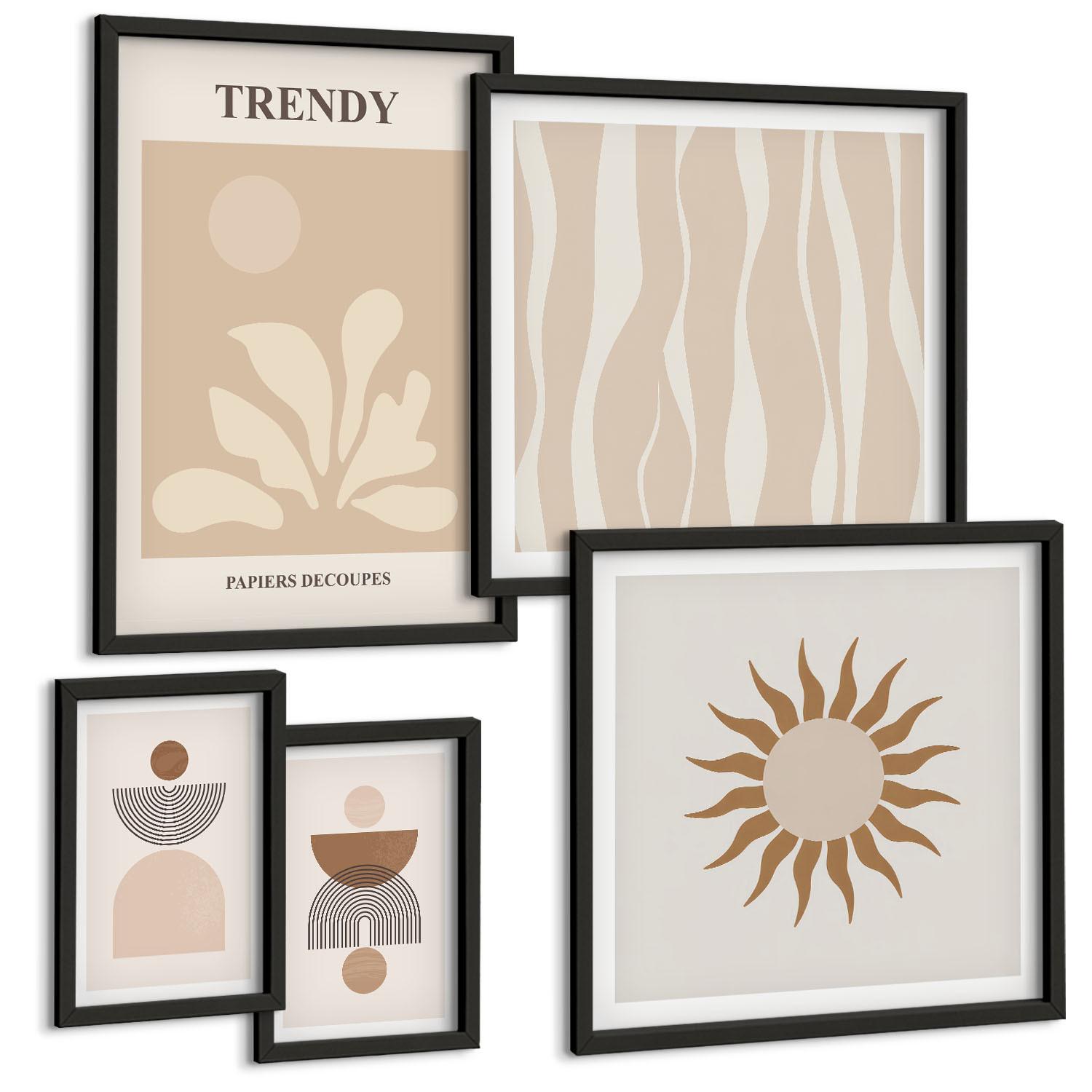 BILDER SET 5er Set - 50x50 cm & 20x30 cm & 40x60 cm Schwarzer Rahmen - Stilvolle abstrakte Beigetöne - Schwarz, Kunststoff (40/60cm) - TULUP