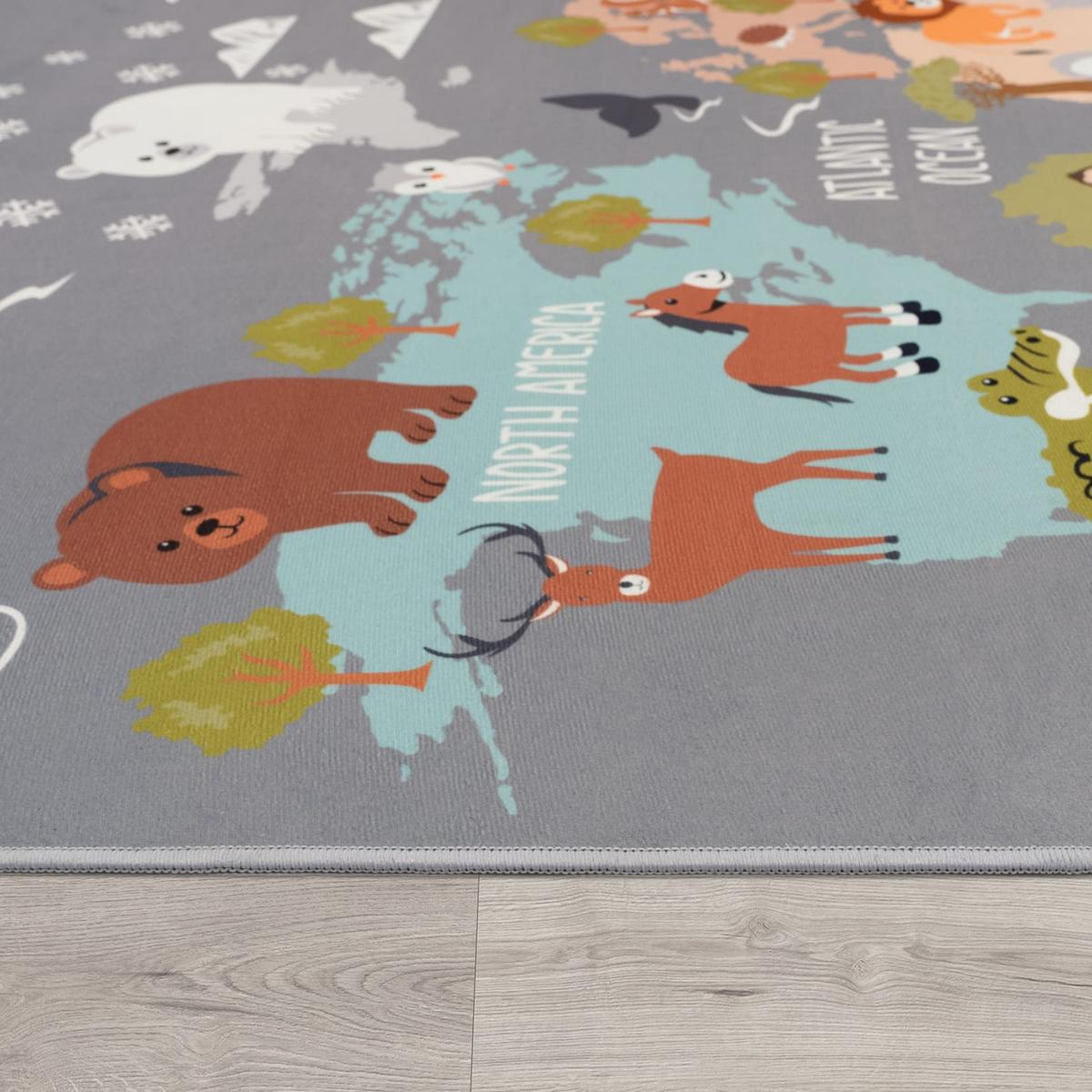 KINDERTEPPICH Waschbar, mit Tier‑Weltkarten‑Muster, Grau, 160 x 220 cm - Grau, Textil (220/160cm) - KADIMA DESIGN