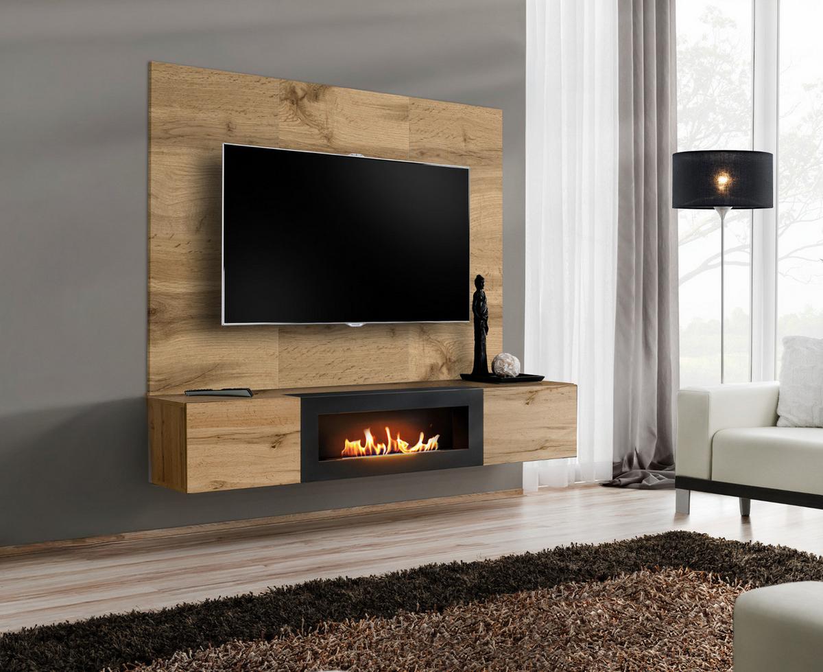 TV-LOWBOARD Eiche Wotan 180 cm hängend, Set inklusive Ethanol Kamin und Wandpaneel - Eiche Wotan, Holzwerkstoff (180/148/40cm) - Inn.Furn