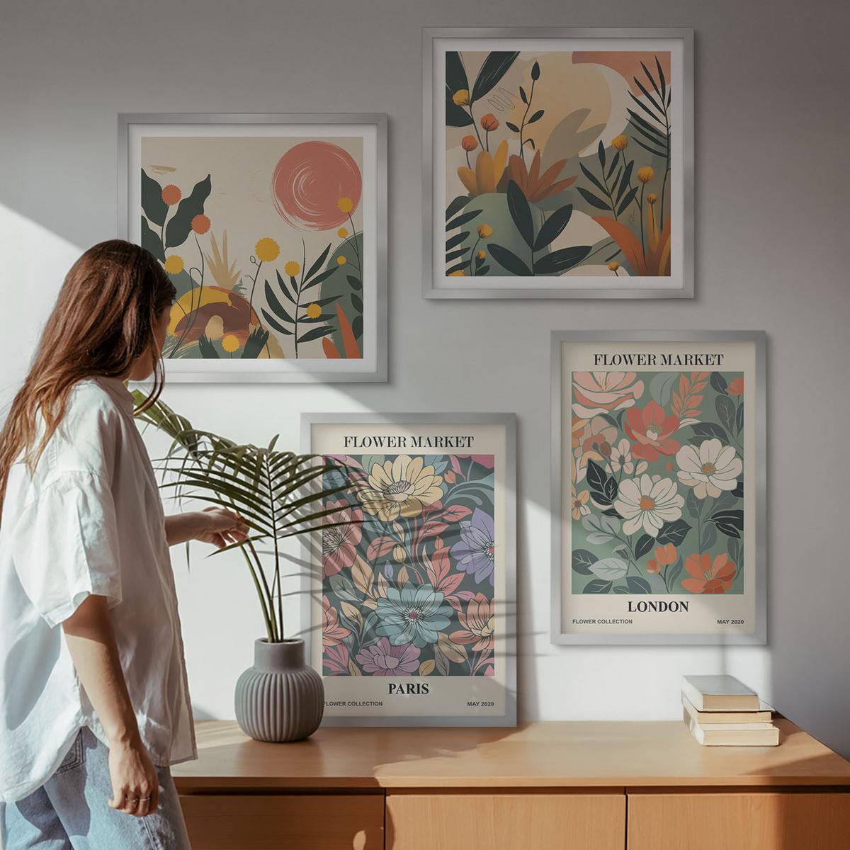 BILDER SET 4er Set - 50x50 cm & 40x60 cm Silberner Rahmen - Blumenposter Paris London - Silberfarben, Kunststoff (50/50cm) - TULUP
