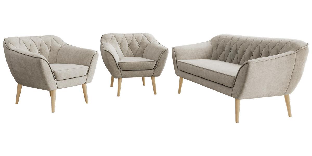 SITZGARNITUR PIRS 3+1+1 - Greige Strukture - Holzbeine - Greige/Buchefarben, Holzwerkstoff/Textil (180/75/74cm) - MKS