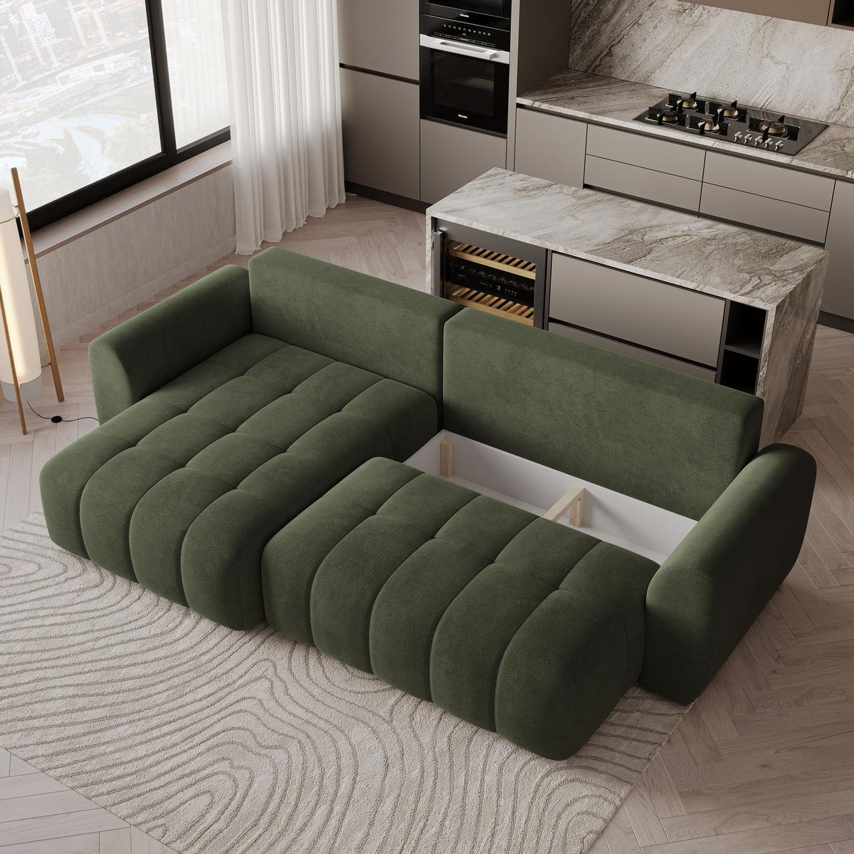 ECKSOFA MODARO CL Olivgrün Samtstoff mit Schlaffunktion - Olivgrün, Holzwerkstoff/Textil (285/148cm) - MASSENO