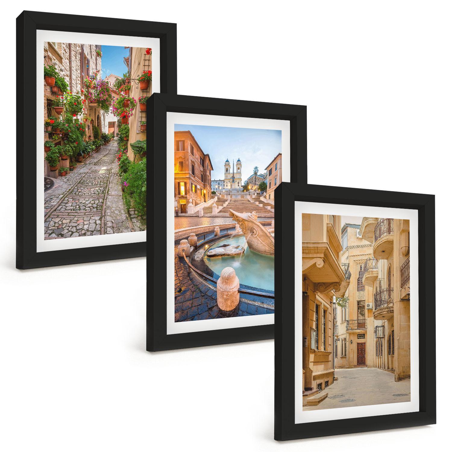 BILDER SET 3er Set - 20x30 cm Schwarzer Rahmen - Die bezaubernden Straßen des Brunnens - Schwarz, Kunststoff (20/30cm) - TULUP