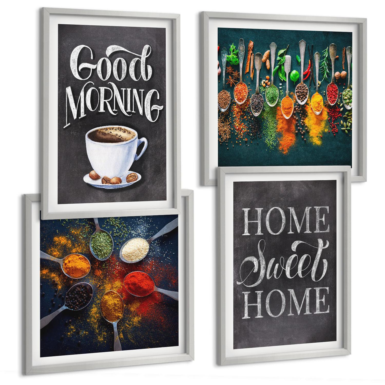 BILDER SET 4er Set - 50x50 cm & 40x60 cm Silberner Rahmen - Gewürze, Kaffee, Tasse, Kräuter - Silberfarben, Kunststoff (50/50cm) - TULUP