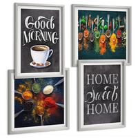 BILDER SET 4er Set - 50x50 cm & 40x60 cm Silberner Rahmen - Gewürze, Kaffee, Tasse, Kräuter - Silberfarben, Kunststoff (50/50cm) - TULUP