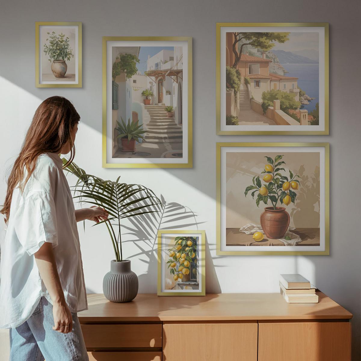BILDER SET 5er Set - 50x50 cm & 20x30 cm & 40x60 cm Goldrahmen - Blumen in einer Vase, ein Meer aus Zitronen - Goldfarben, Kunststoff (40/60cm) - TULUP
