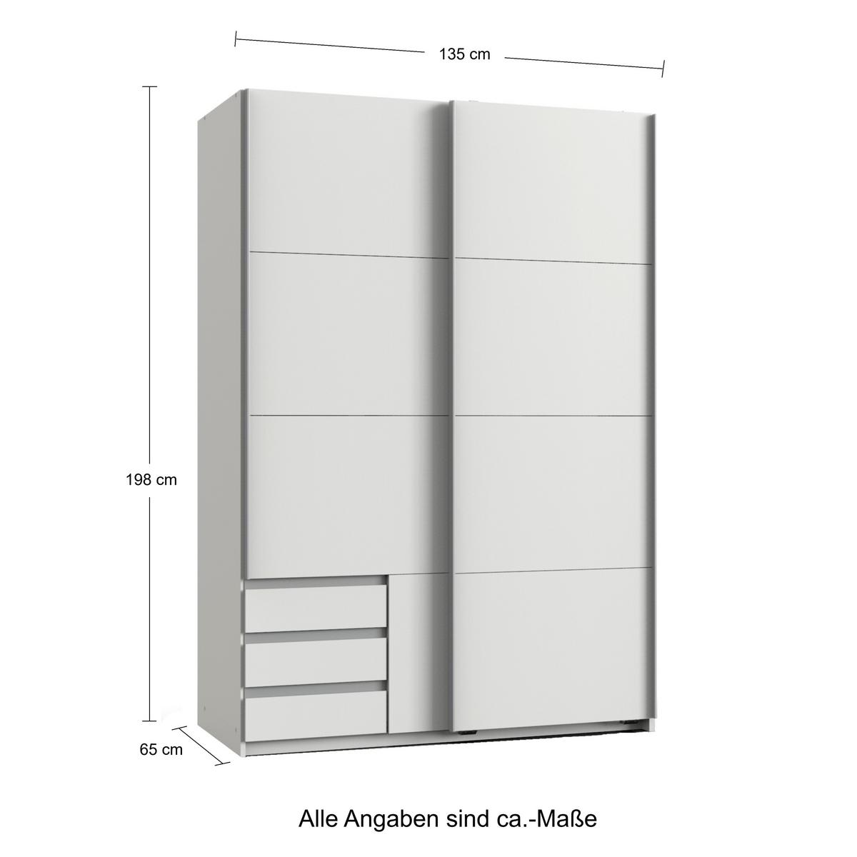 SCHWEBETÜRENSCHRANK 2-türig B135/H198/T65 cm, Kleiderschrank in Weiß, 1x Tür & sichtbare Schubkästen in Grafit / 22661 - Alufarben/Graphitfarben, Holz/Holzwerkstoff (135/198/65cm) - luma-home
