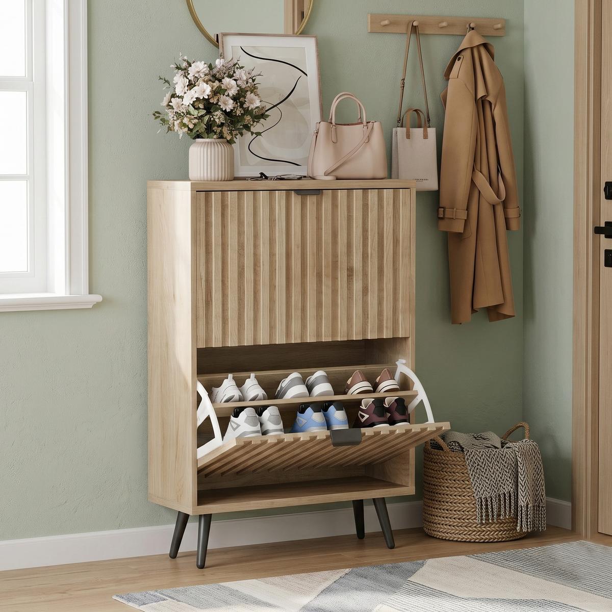 SCHUHESCHRANK Eichenfarben Mid-Century Mit 2 Kippfächern - Eichefarben, Holzwerkstoff (60/95/24cm) - Urban Meuble