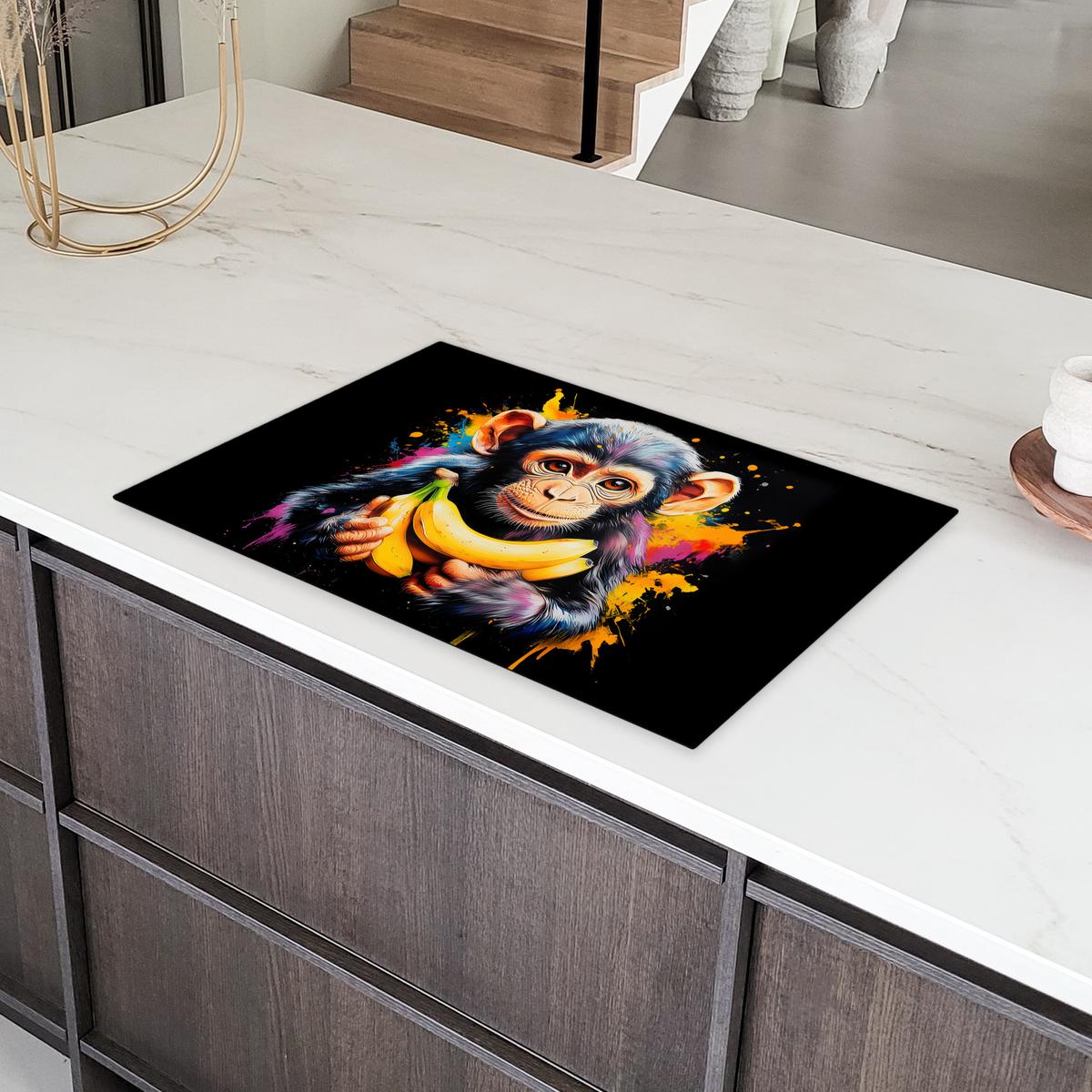 HERDABDECKPLATTE Affe - Graffiti - Farbenfroh - Bananen - Modern Induktionsschutz 80x52.2 cm - Gelb, Kunststoff (80.2/52.2/0.2cm) - MuchoWow