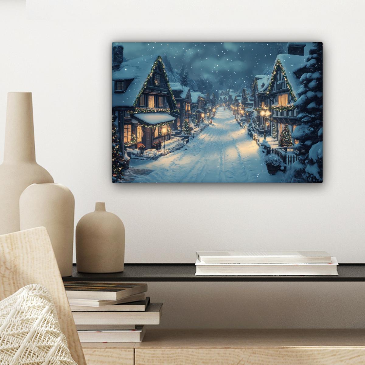 LEINWANDBILD Weihnachtsdorf - Weihnachten - Schnee - Winter Deko Schlafzimmer 30x20 cm - Dunkelblau, Textil (30/20cm) - MuchoWow