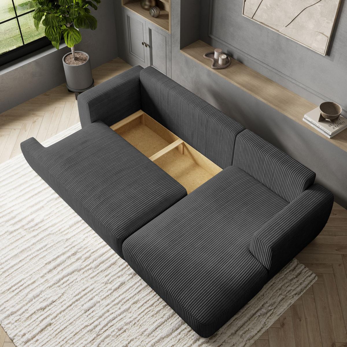 ECKSOFA SENTI P R-S Graphitfarben Kordstoff mit Schlaffunktion - Graphitfarben/Schwarz, Holz/Kunststoff (246/148cm) - MASSENO
