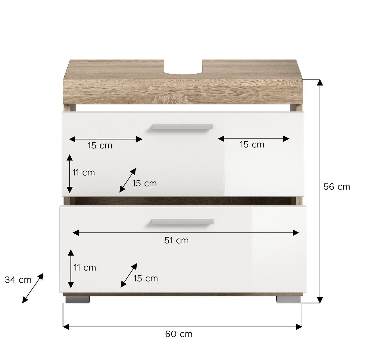 WASCHBECKENUNTERSCHRANK weiß Hochglanz, Eiche 60 cm, Schubkästen mit Vollauszug - Weiß Hochglanz/Eichefarben, Holzwerkstoff/Kunststoff (60/56/37cm) - Inn.Furn