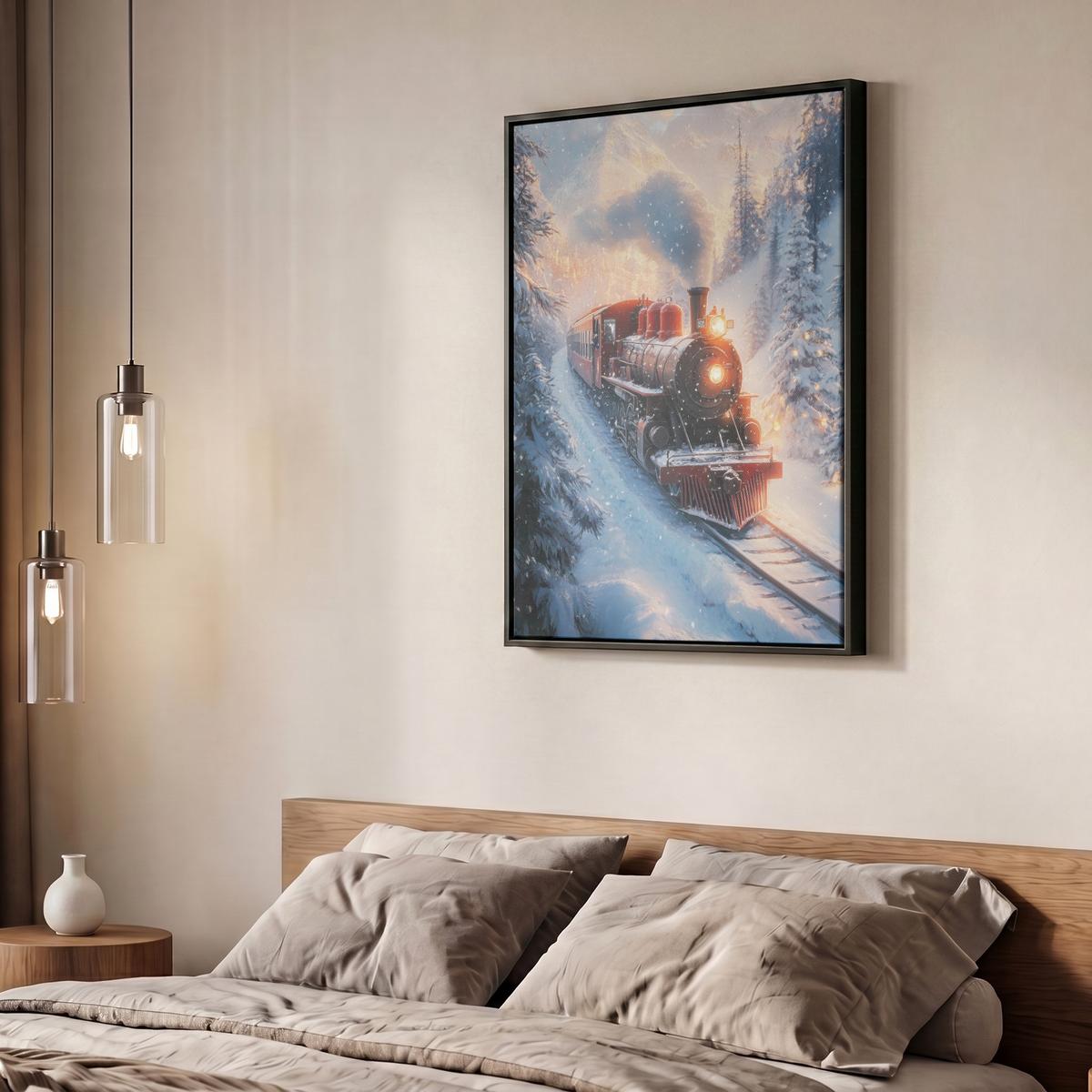 LEINWAND Bilder mit Rahmen - Weihnachtszug - Schnee - Winter - Weihnachten - 60x80 - Dunkelrot, Textil (60/80cm) - MuchoWow