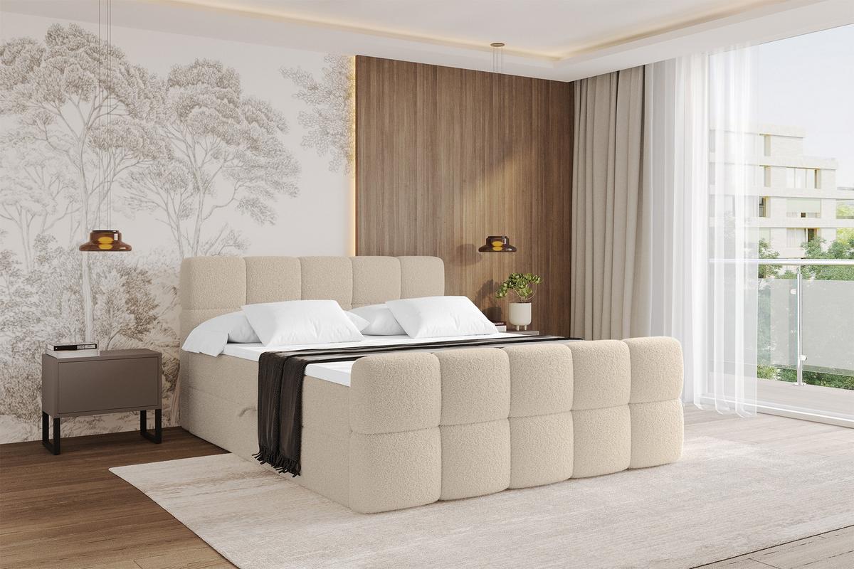 BOXBETT mit Matratze H4 - FAMA-Z - 180x200 cm Dunkelbeige Quelle - Creme, Holzwerkstoff - ALTDECOR