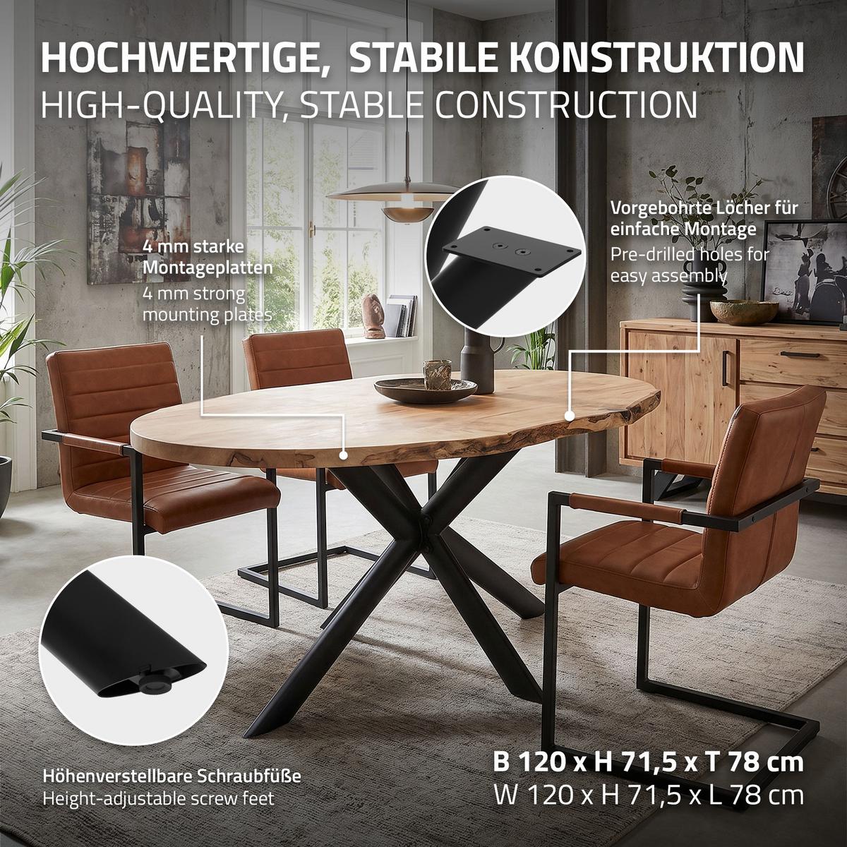 TISCHBEINE Metall Schwarz 120x78x71,5 cm X-Form Oval Tischgestell 4-beinig aus Stahl - Schwarz, Metall (120/71.5/78cm) - ML-DESIGN