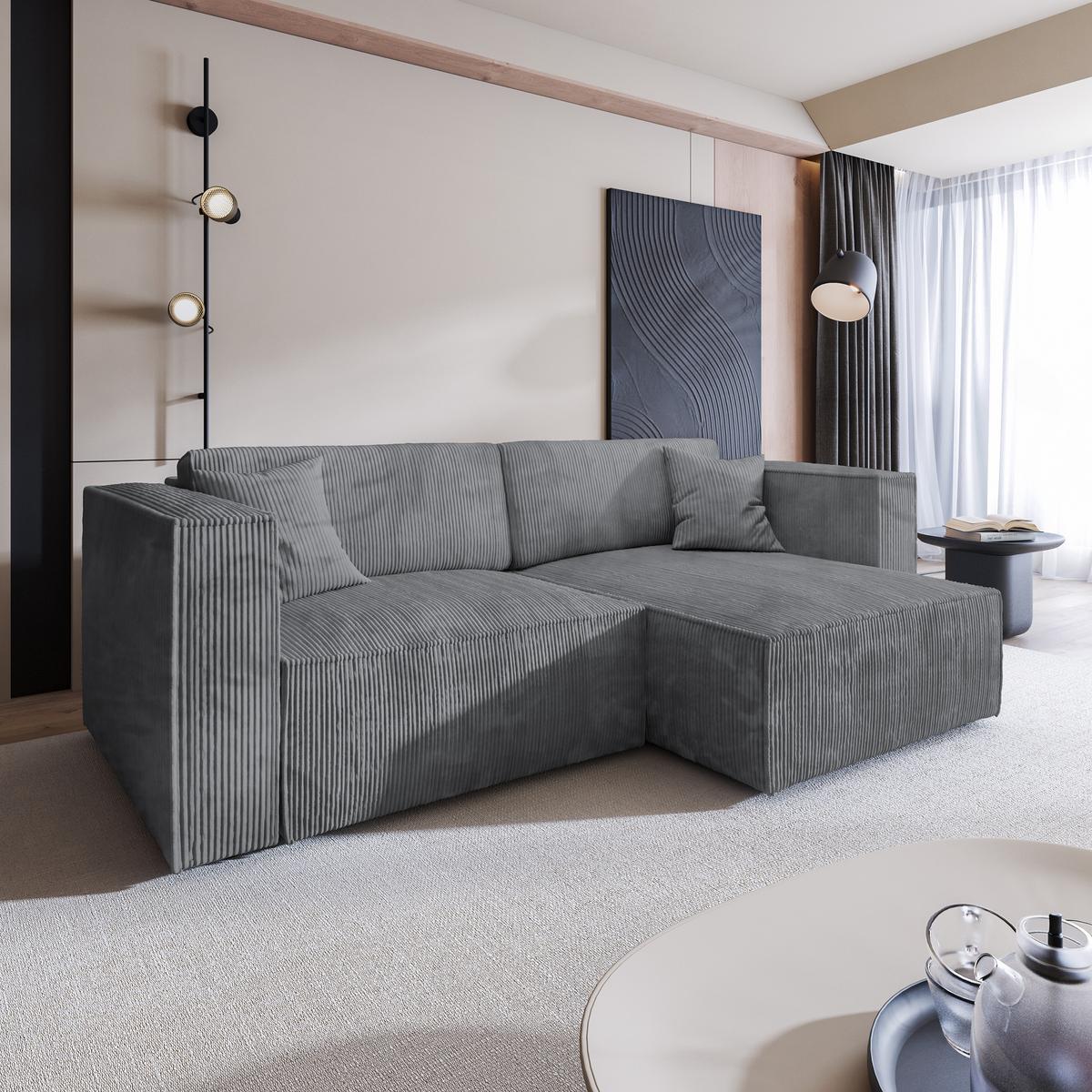 ECKSOFA NERIO P Grau Kordstoff mit Schlaffunktion - Grau, Holz/Kunststoff (245/148cm) - MASSENO