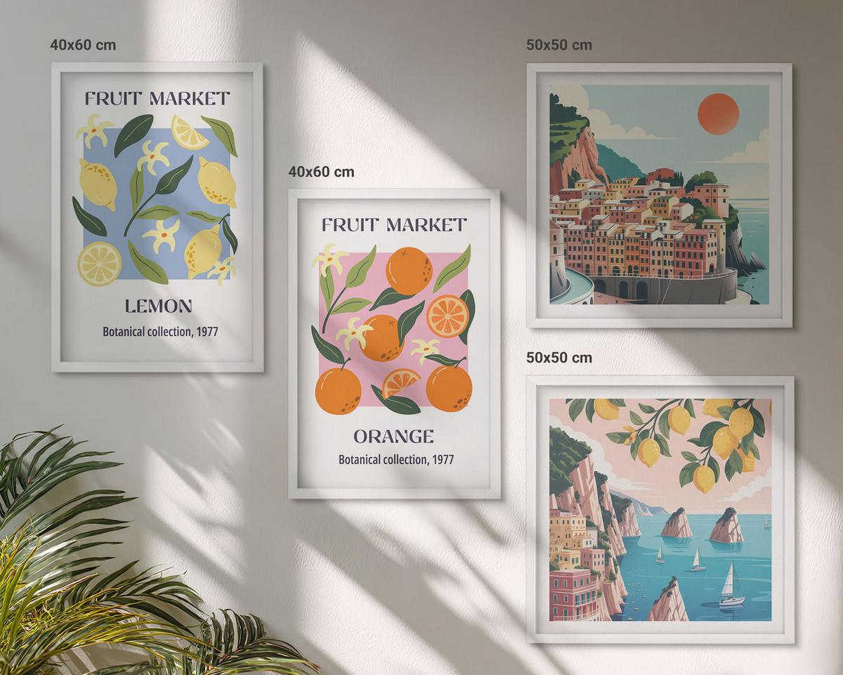 BILDER SET 4er Set - 50x50 cm & 40x60 cm Weißer Rahmen - Obstposter Zitronen Orangen - Weiß, Kunststoff (50/50cm) - TULUP