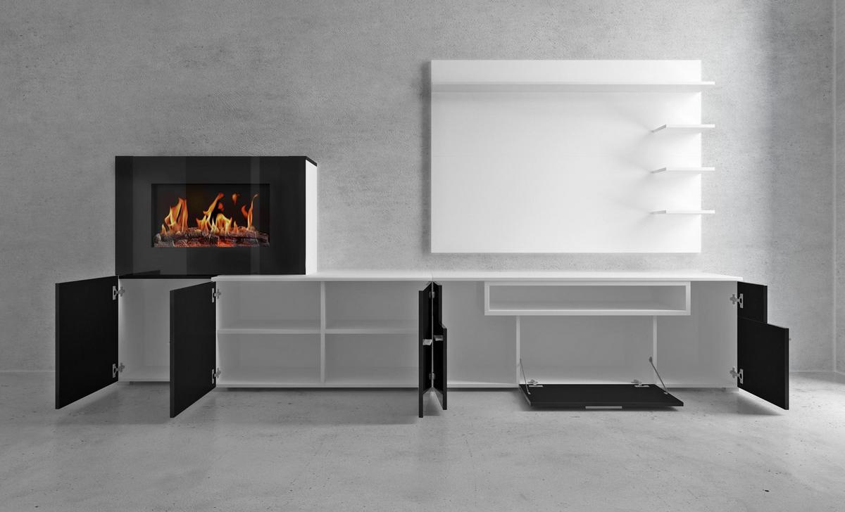 WOHNWAND mit Elektrokamin weiß, Hochweiß lackiert, 290/45/170cm - Weiß, Holzwerkstoff (290/170/45cm) - Skraut Home