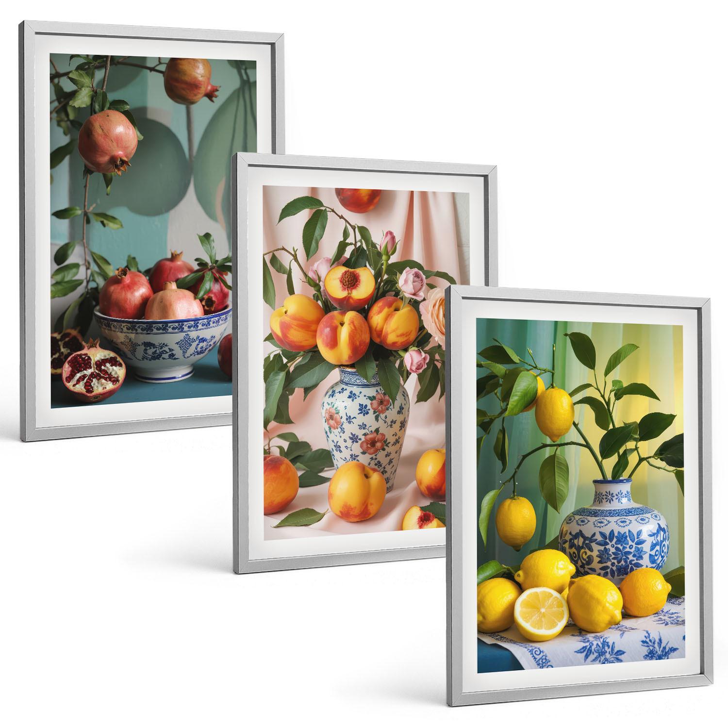 BILDER SET 3er Set - 40x60 cm Silberner Rahmen - Granatäpfel, Pfirsiche, Zitronen - Silberfarben, Kunststoff (40/60cm) - TULUP
