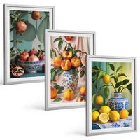 BILDER SET 3er Set - 40x60 cm Silberner Rahmen - Granatäpfel, Pfirsiche, Zitronen - Silberfarben, Kunststoff (40/60cm) - TULUP