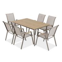 GARTENSET Valencia, 6 stapelbare Stühle + großer Esstisch 200x90 cm, Polywood-Tischplatte, Beige - Beige, Metall - Beautysofa