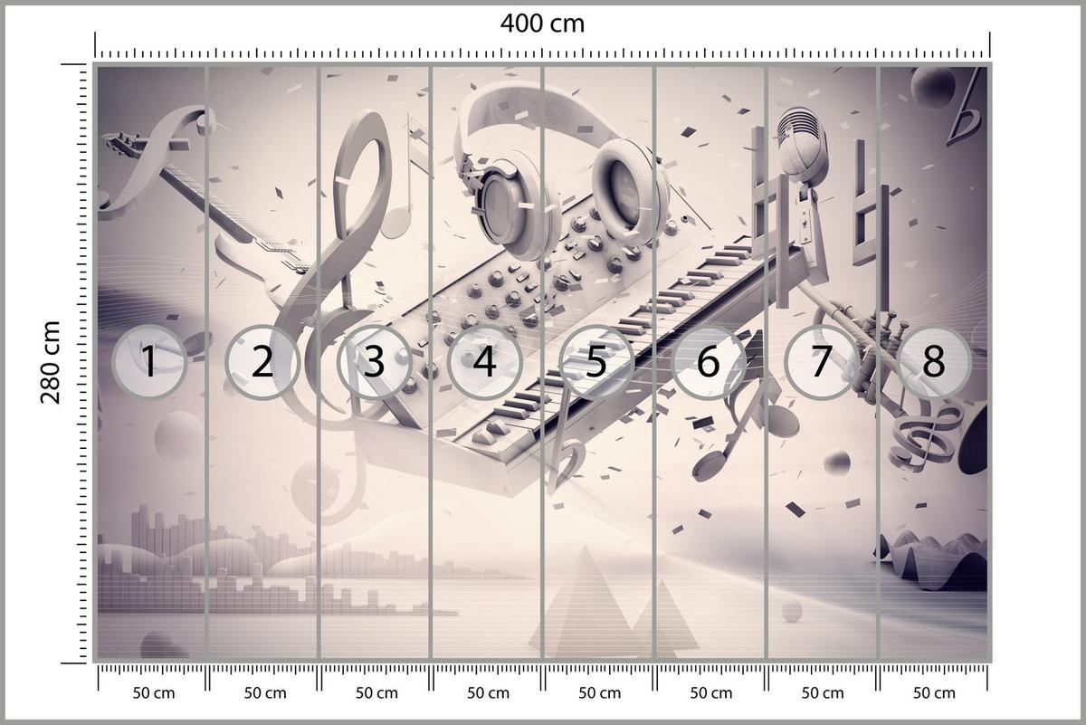 FOTOTAPETE für Jugendzimmer Modern Kollage Musik Klavier Noten Kopfhörer 400x280 - Grau, Papier (400/280cm) - Muralo
