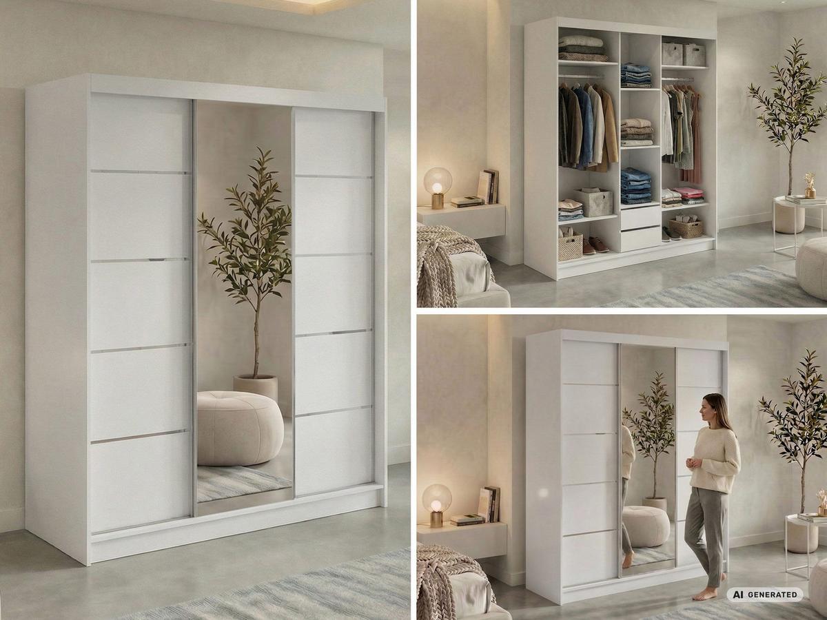 SCHWEBETÜRENSCHRANK mit Schubladen 180 - SKORIA - Weiß mit Spiegel - Alufarben/Weiß, Holzwerkstoff/Metall (180/216/61cm) - MKS