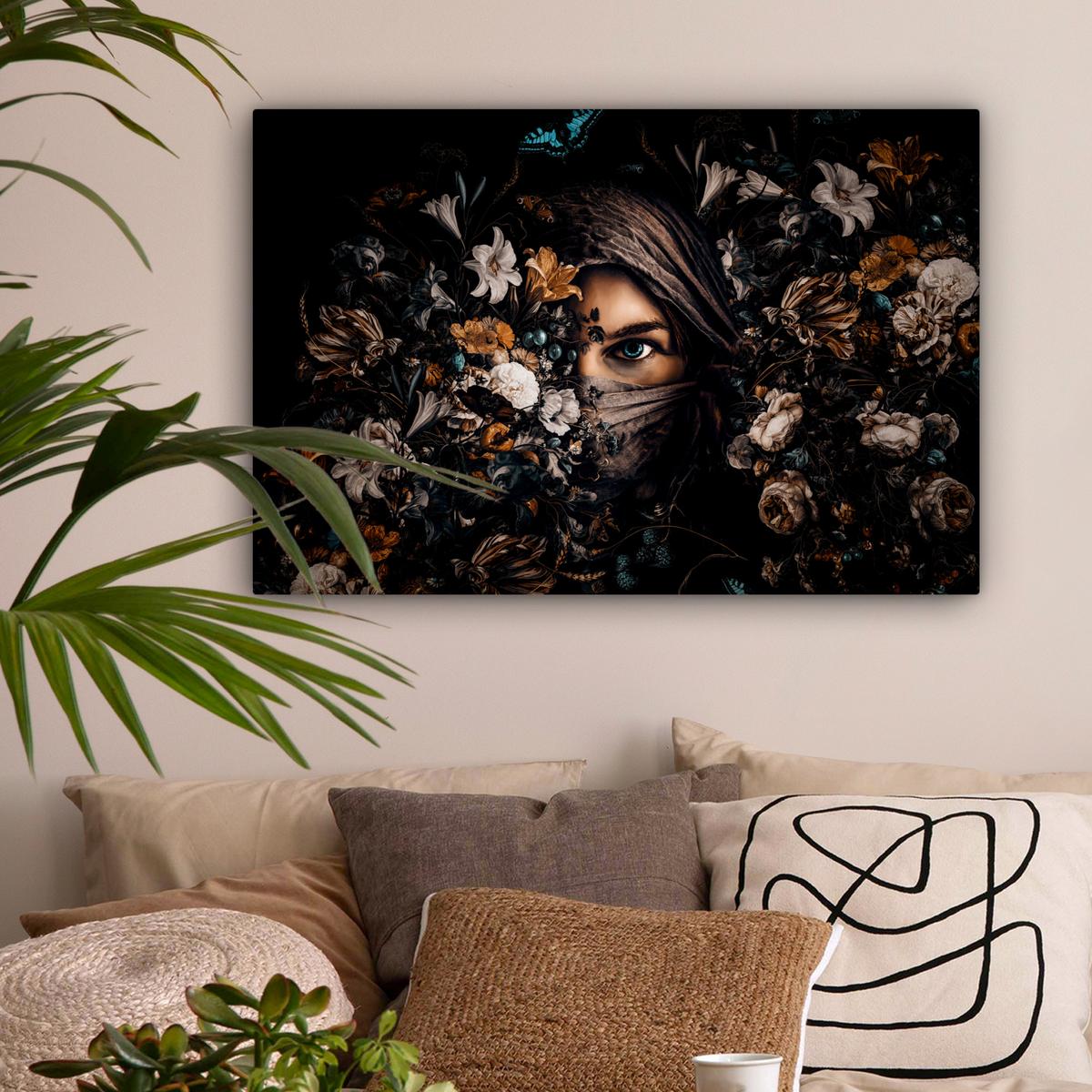 LEINWANDBILD Frau - Luxus - Blumen - Schmetterling - Porträt Gemälde 60x40 cm - Schwarz, Textil (60/40cm) - MuchoWow