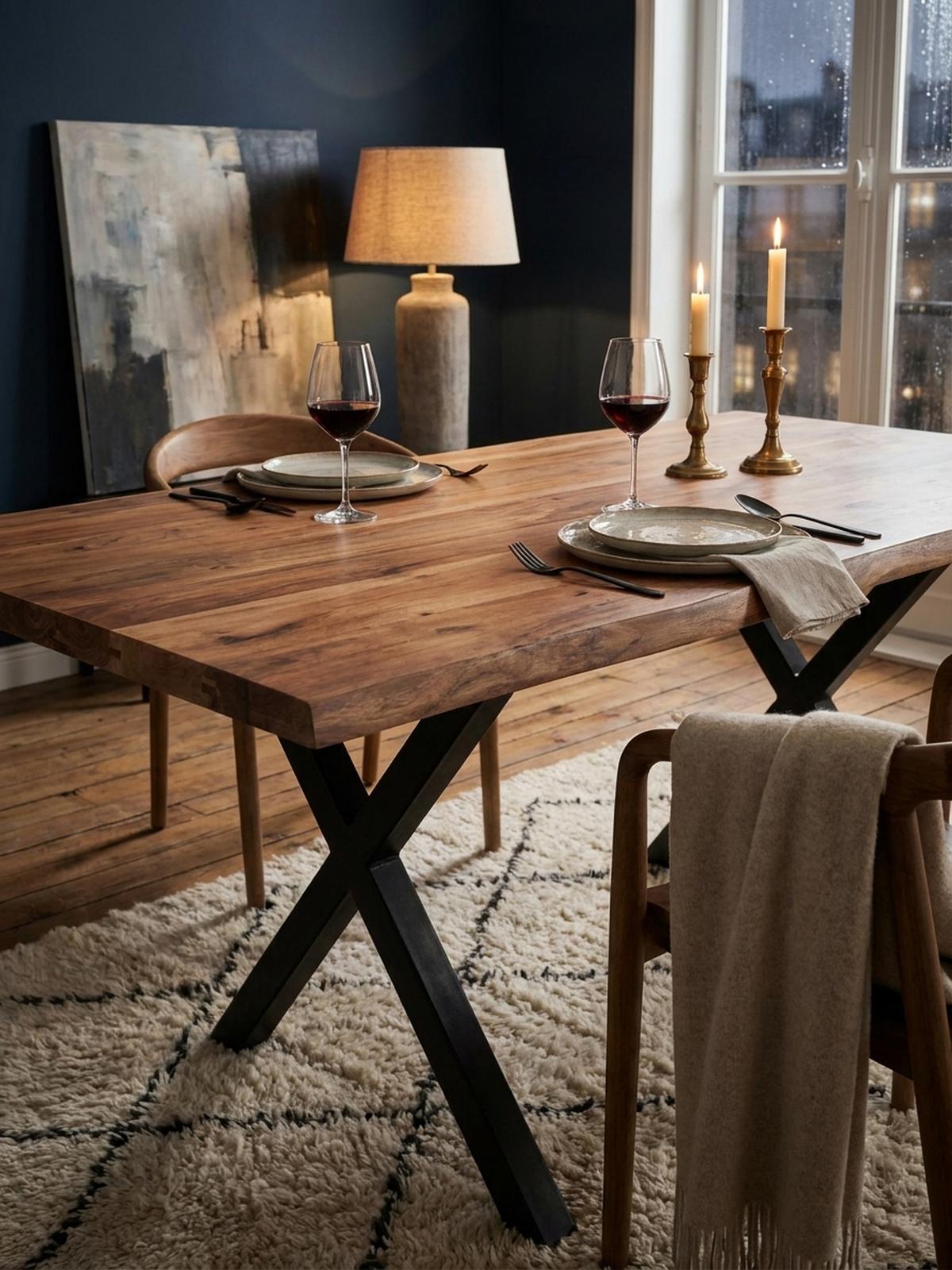 ESSTISCH Massivholz Metall X-Gestell Baumkante Industrial KRETA, Goldbraun-Schwarz 140x80x76 cm - Schwarz/Braun, Holz/Metall (80/140/76cm) - KADIMA DESIGN