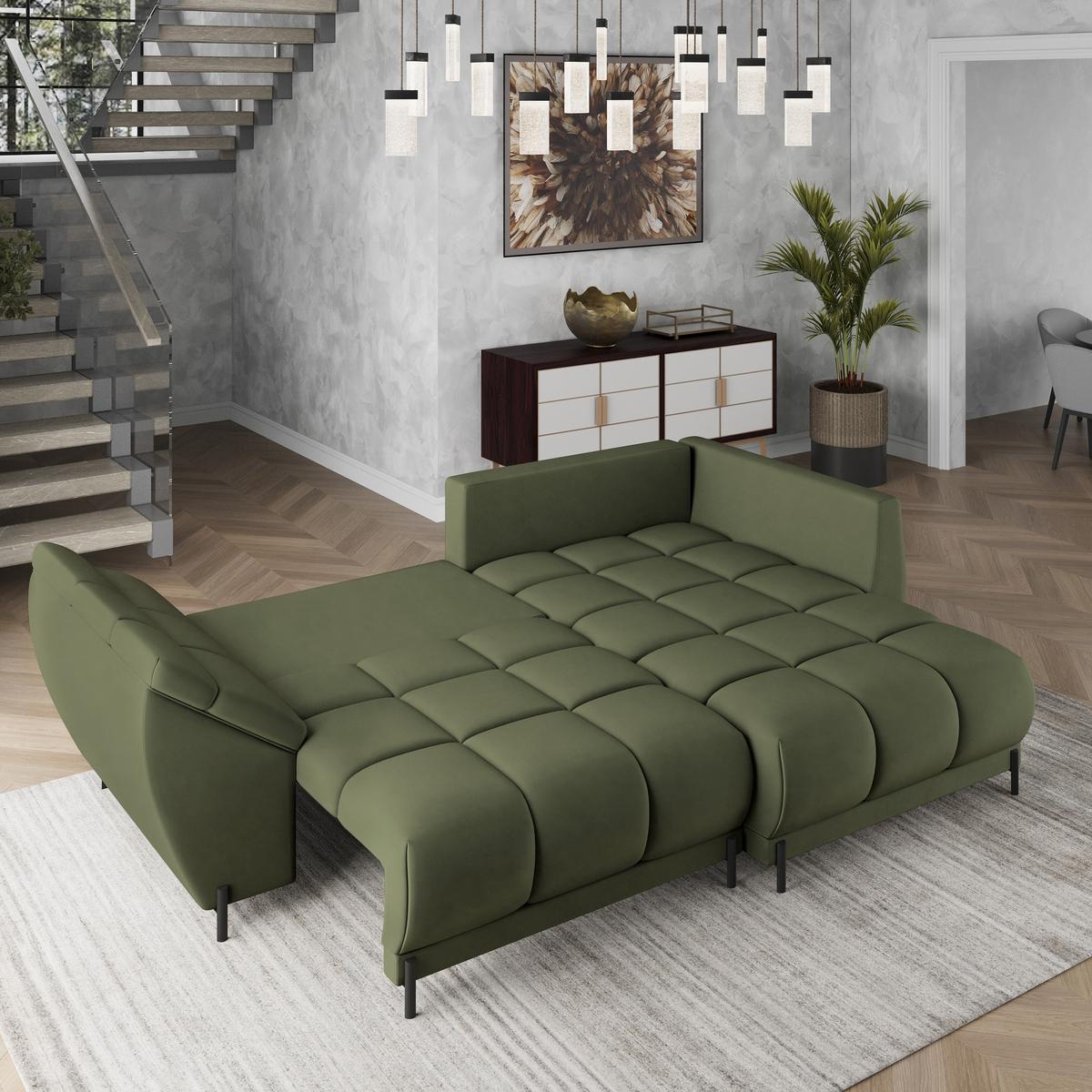 ECKSOFA VESTANO R-S Grün Velours-Stoff mit Schlaffunktion - Grün, Holz (287/182cm) - MASSENO