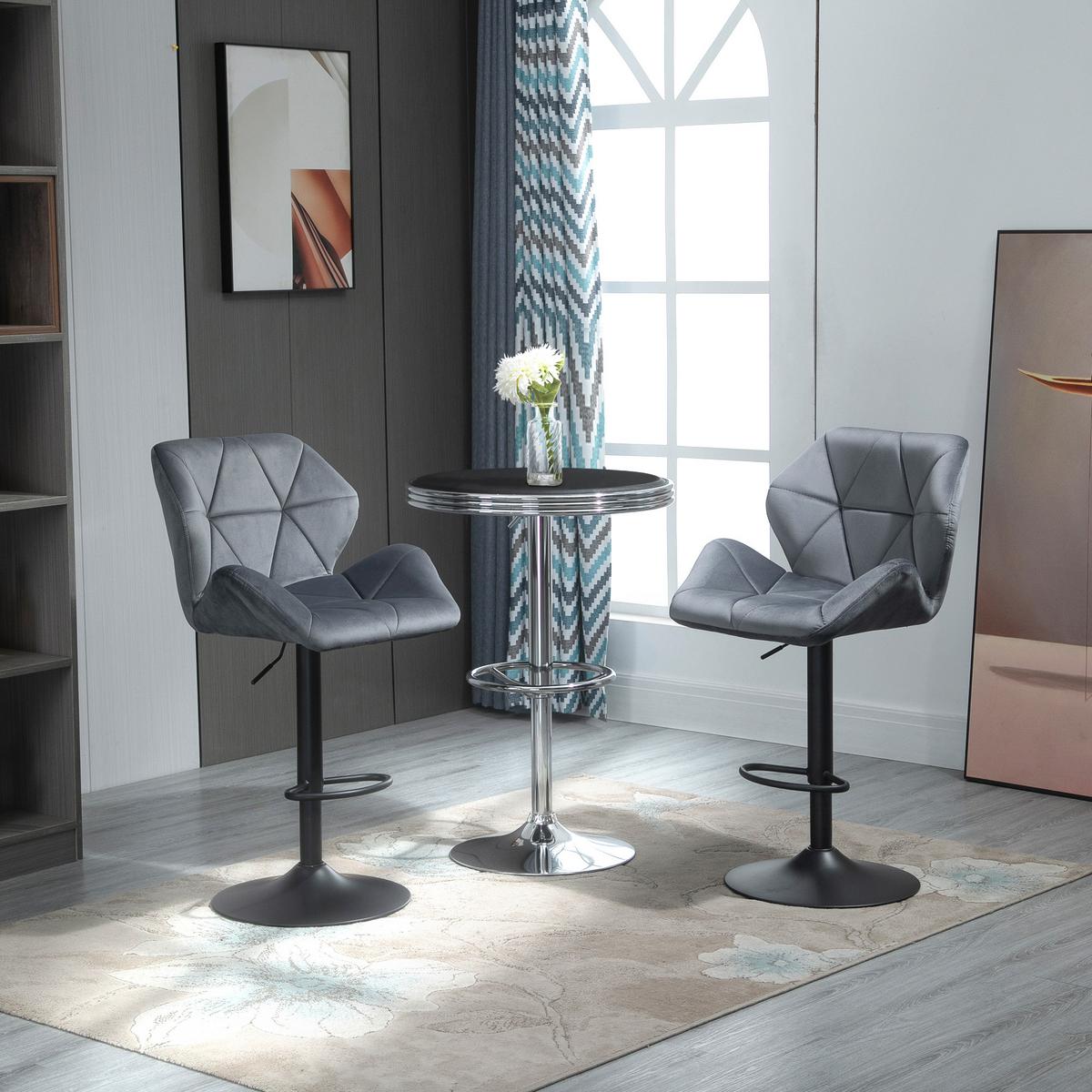 BARHOCKER 2er Set, Gepolstert mit Metallgestell, Samtoptik Grau - Schwarz/Grau, Textil/Metall (57/117/58cm) - HOMCOM
