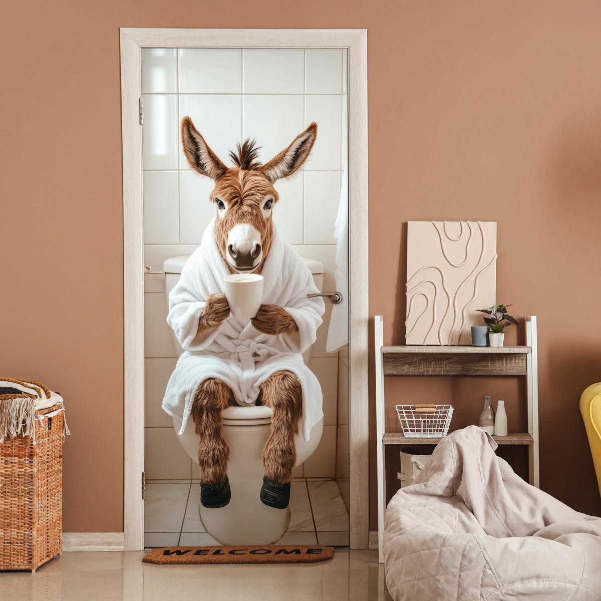 TÜRAUFKLEBER Esel - WC - Lustig - Bademantel - Tier 90x215 cm - Türtapete - Beige, Kunststoff (90/0.1cm) - MuchoWow