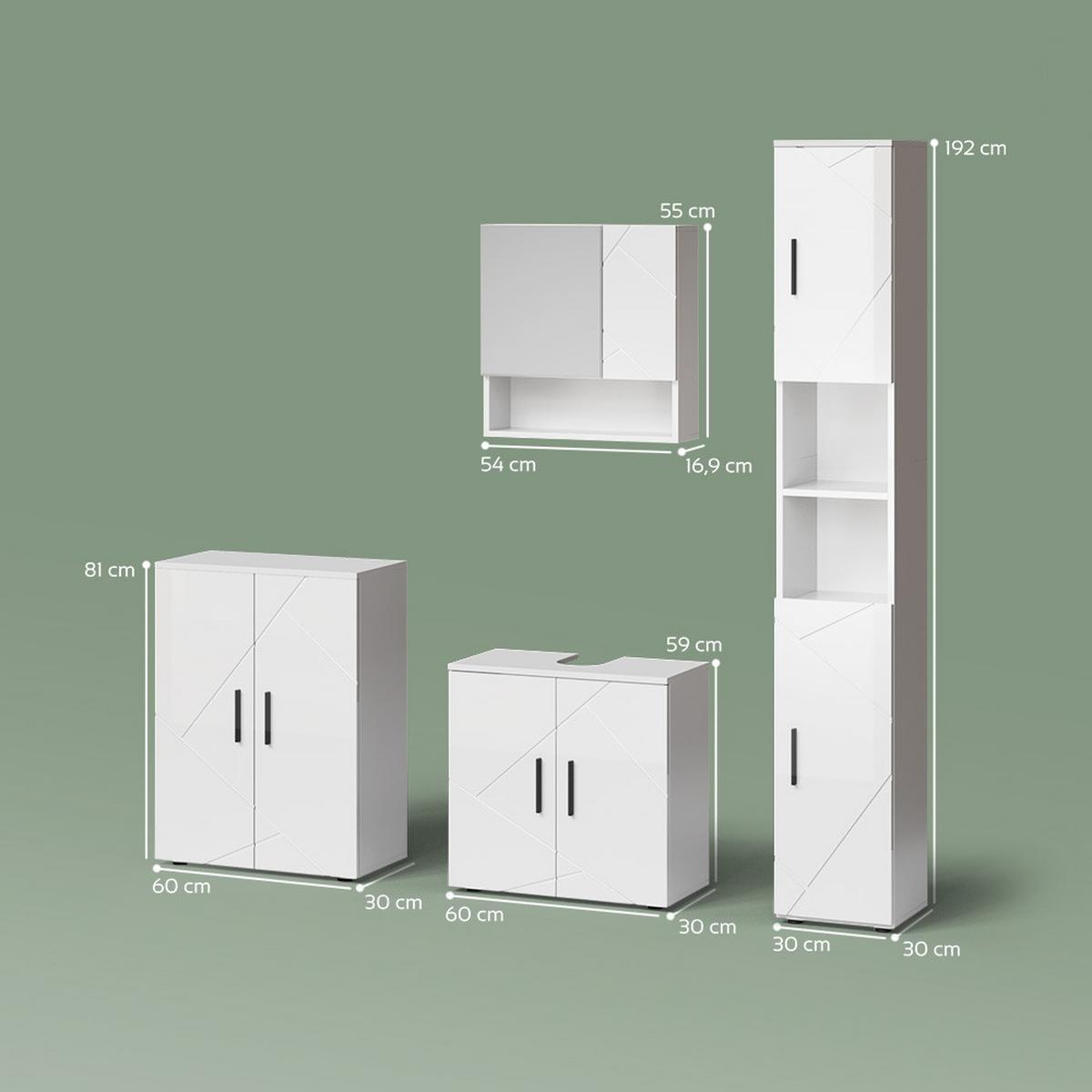 BADMÖBEL-SET Ronco Weiß Hochglanz 4 Teile, mit Hochschrank und Kommode - Weiß Hochglanz, Holzwerkstoff (60/192/30cm) - Livinity®