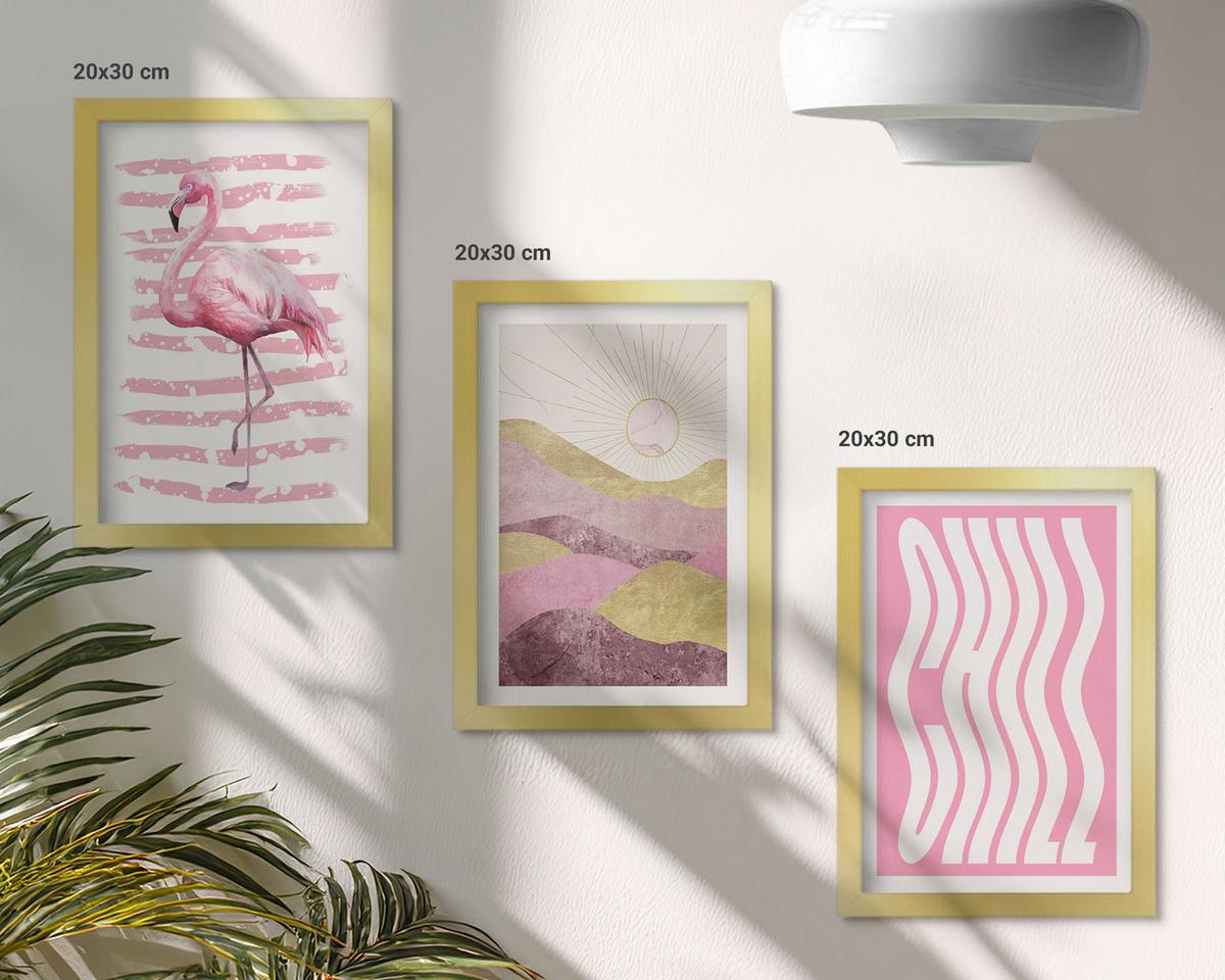 BILDER SET 3er Set - 20x30 cm Goldrahmen - Pastelllandschaft mit rosa Flamingos - Goldfarben, Kunststoff (20/30cm) - TULUP