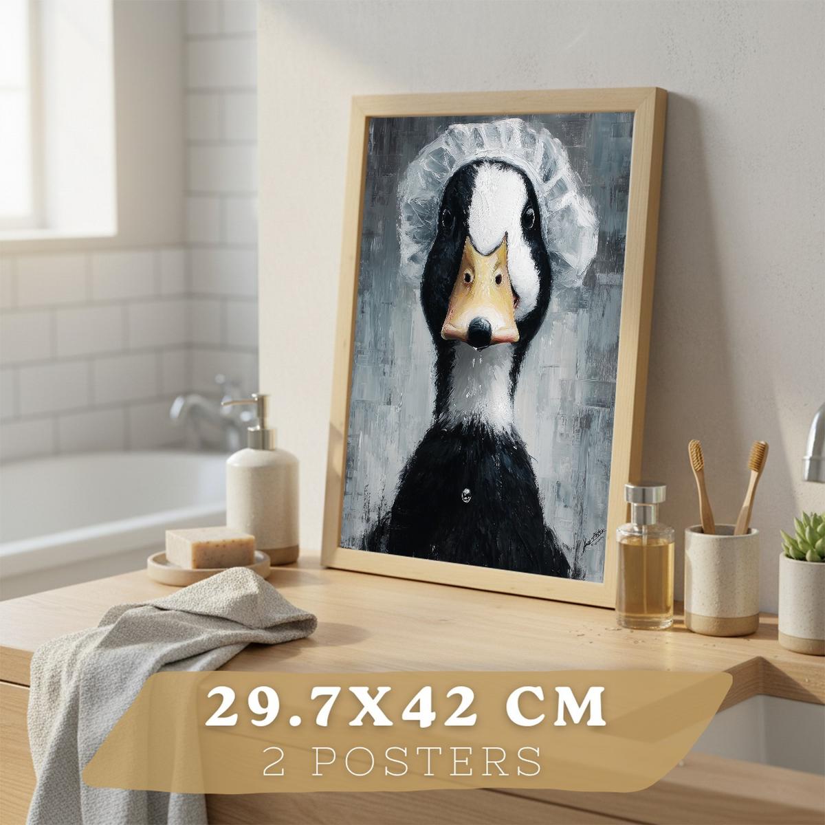 POSTER 2er-Set dekorative Badezimmer-Kunstdrucke, lustige für Wand, Toilette und mit Tieren in der Badewanner, Stil Leichter Holzrahmen A3 - Beige, Papier (42/29.7/3cm) - Nacnic