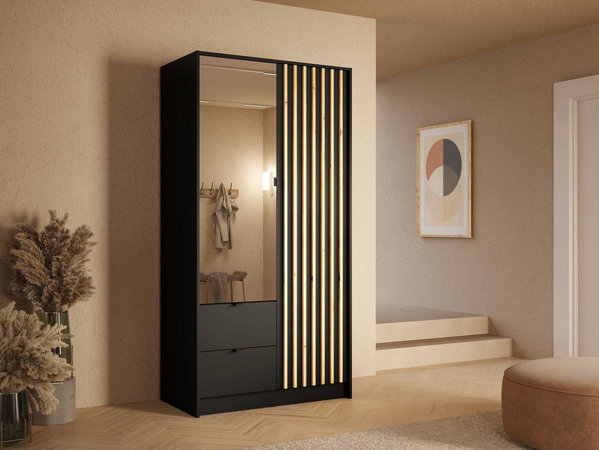DREHTÜRENSCHRANK SATREN 101,7/200,5/54,5cm 2-türig mit Spiegel Schwarz - Schwarz/Eiche Artisan, Holzwerkstoff (101.7/200.5/54.5cm) - MASSENO